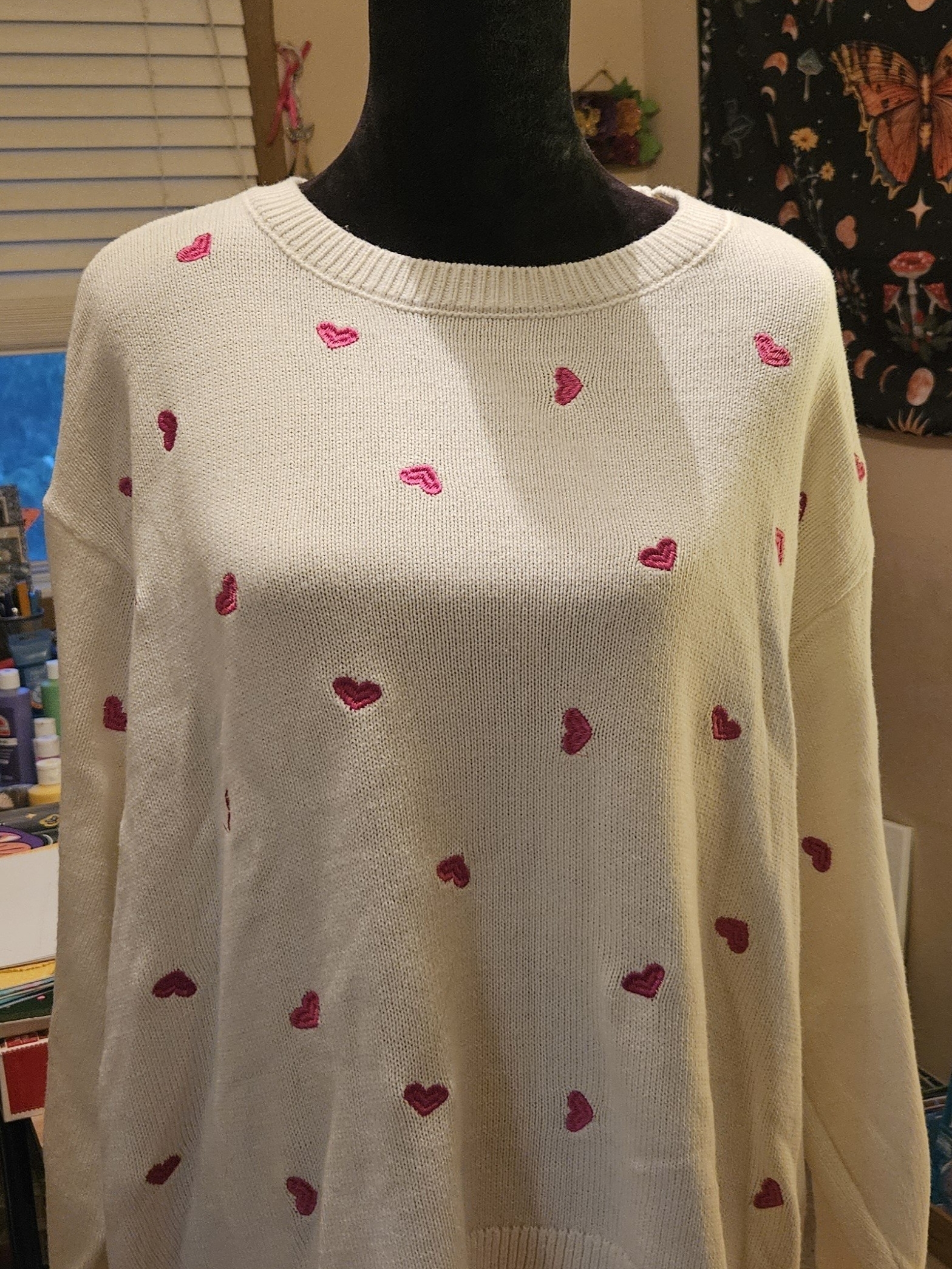 Women's Cream Heart-Embroidered Sweater - Pink Hearts